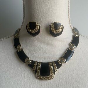 Vintage Elegant Black and Gold Necklace and Earring Set